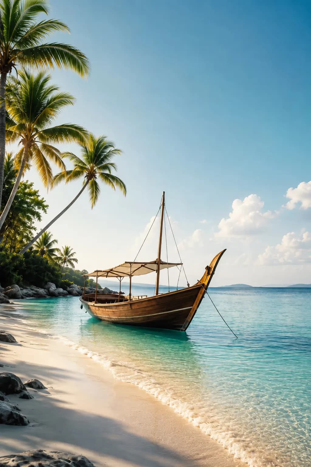 A traditional wooden dhow moored in turquoise shallows off a white-sand Zanzibar beach