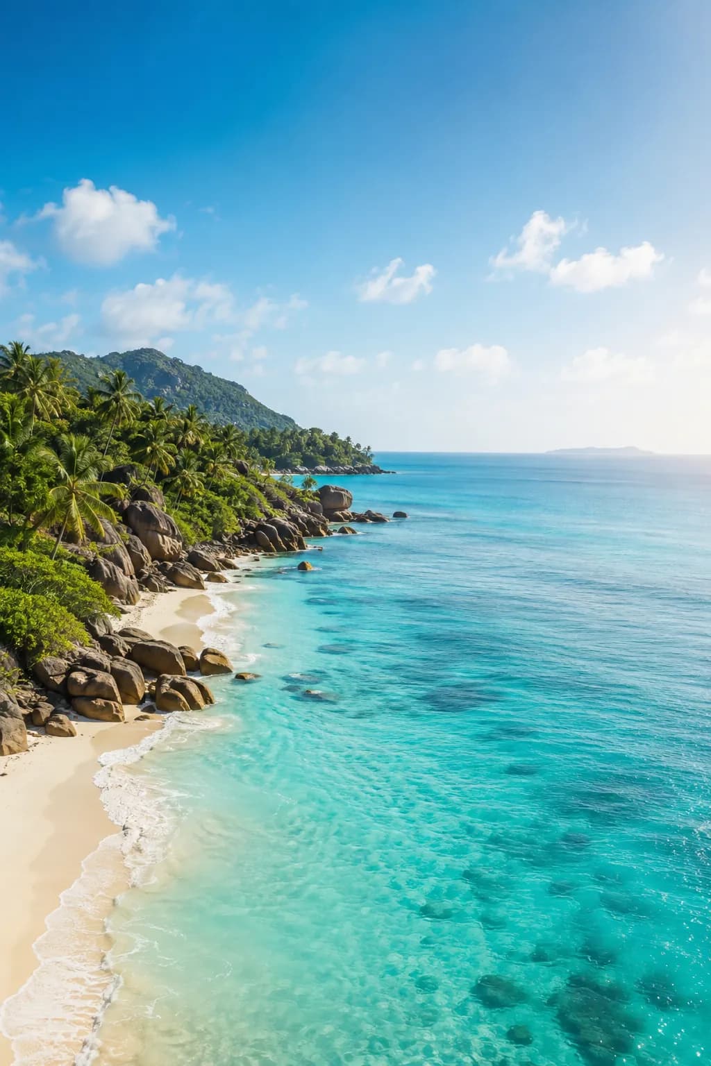 A palm-lined tropical shore curving into clear turquoise water under a bright sky